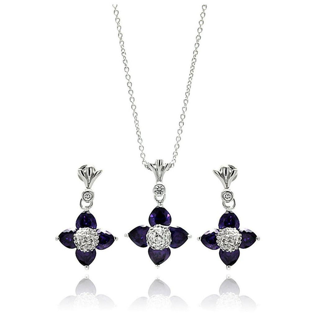 Rhodium Plated Brass Flower Clear & Purple Cz Dangling Stud Earring & Dangling Necklace Set