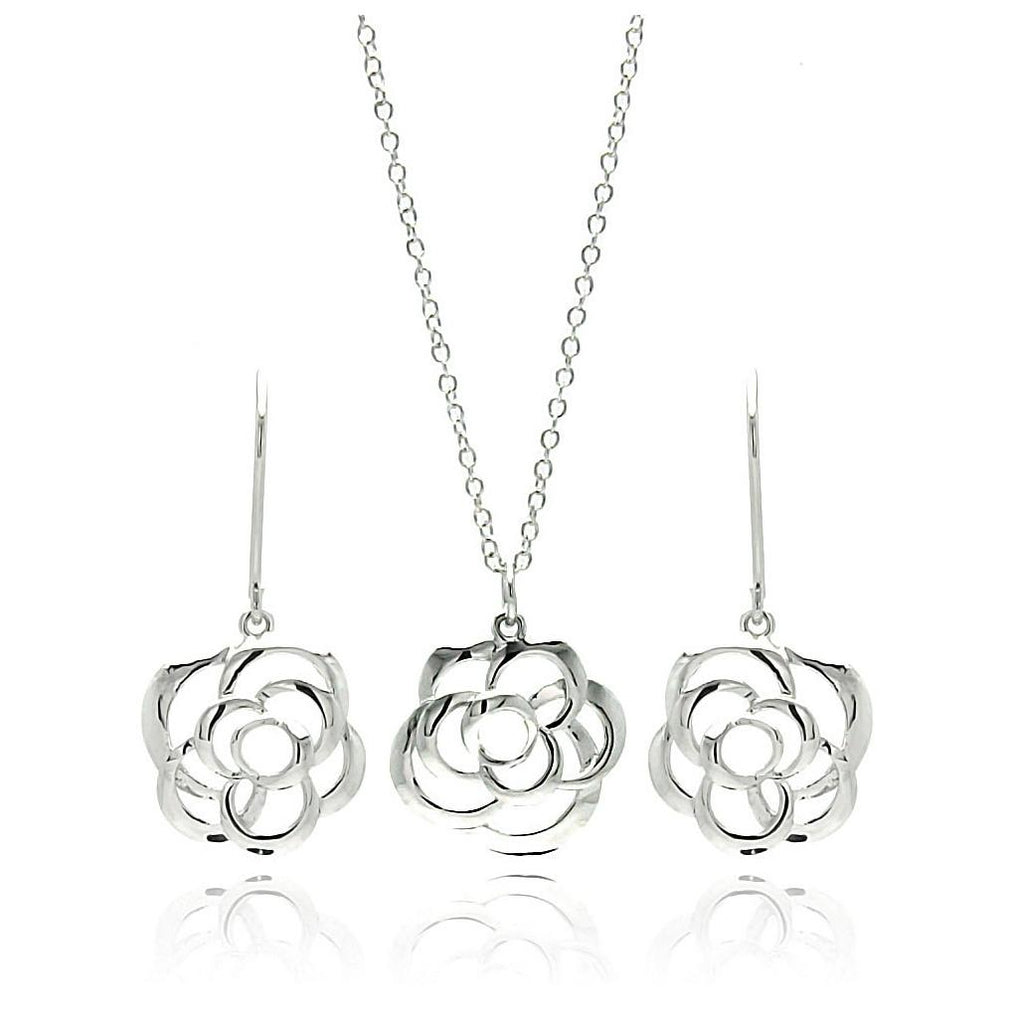 Rhodium Plated Brass Open Flower Carnation Outline Hook Earring & Necklace Set