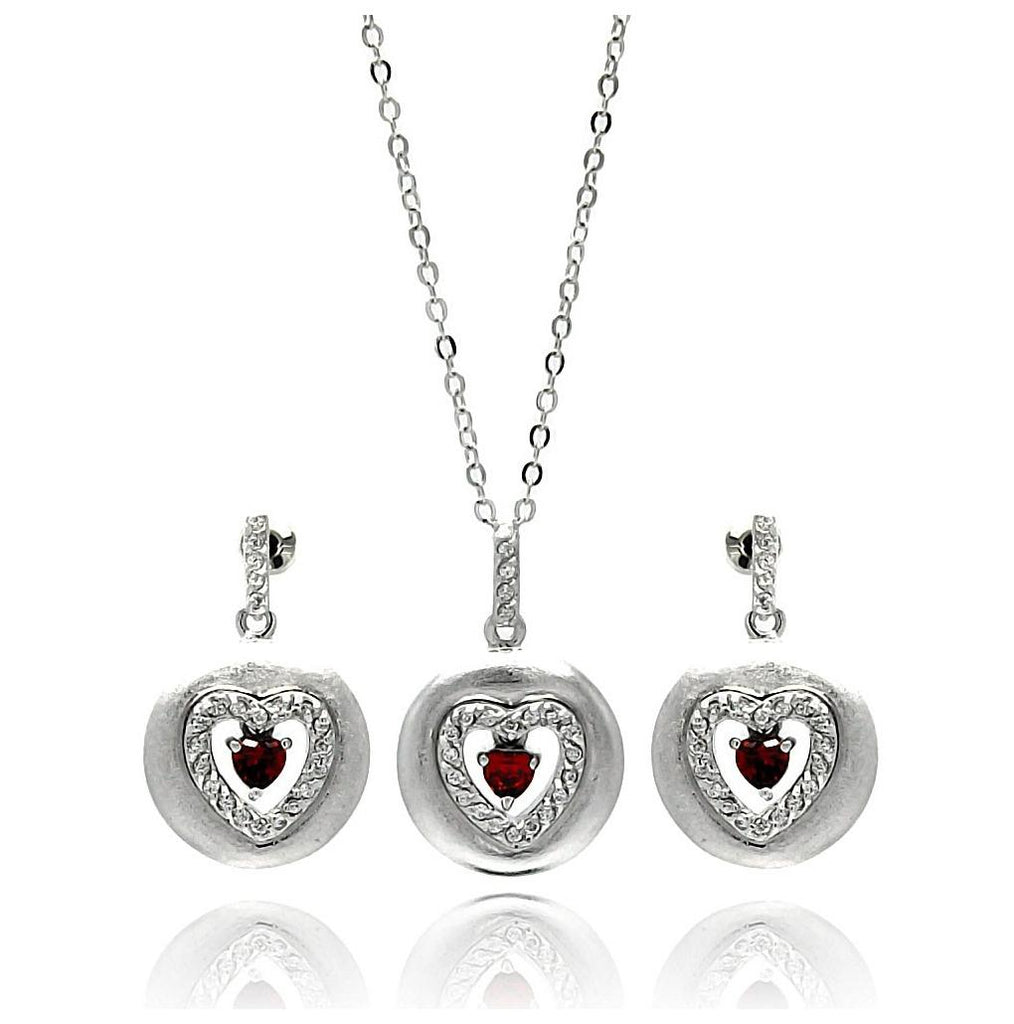 Rhodium Plated Brass Open Heart Disc Red Center Cz Dangnling Stud Earring & Necklace Set