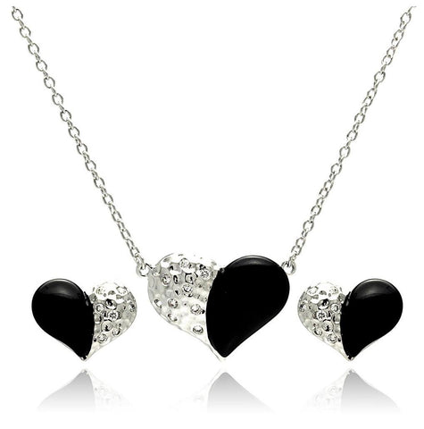 Rhodium Plated Brass Black Onyx Half Textured Heart Clear Cz Stud Earring & Necklace Set