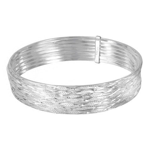 .925 Sterling Silver High Polished Criss Cross Diamond Cut Semanario Bangle Bracelet