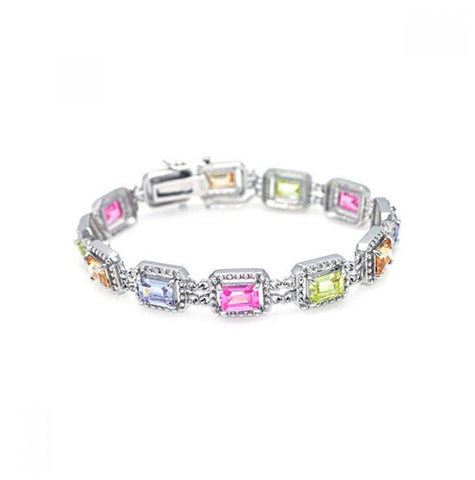 .925 Sterling Silver Rhodium Plated Multiple Multicolor Square Cz Bracelet