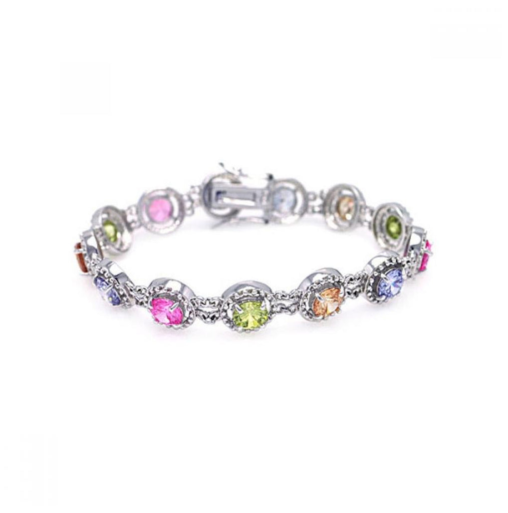 .925 Sterling Silver Rhodium Plated Multiple Multicolor Round Cz Bracelet