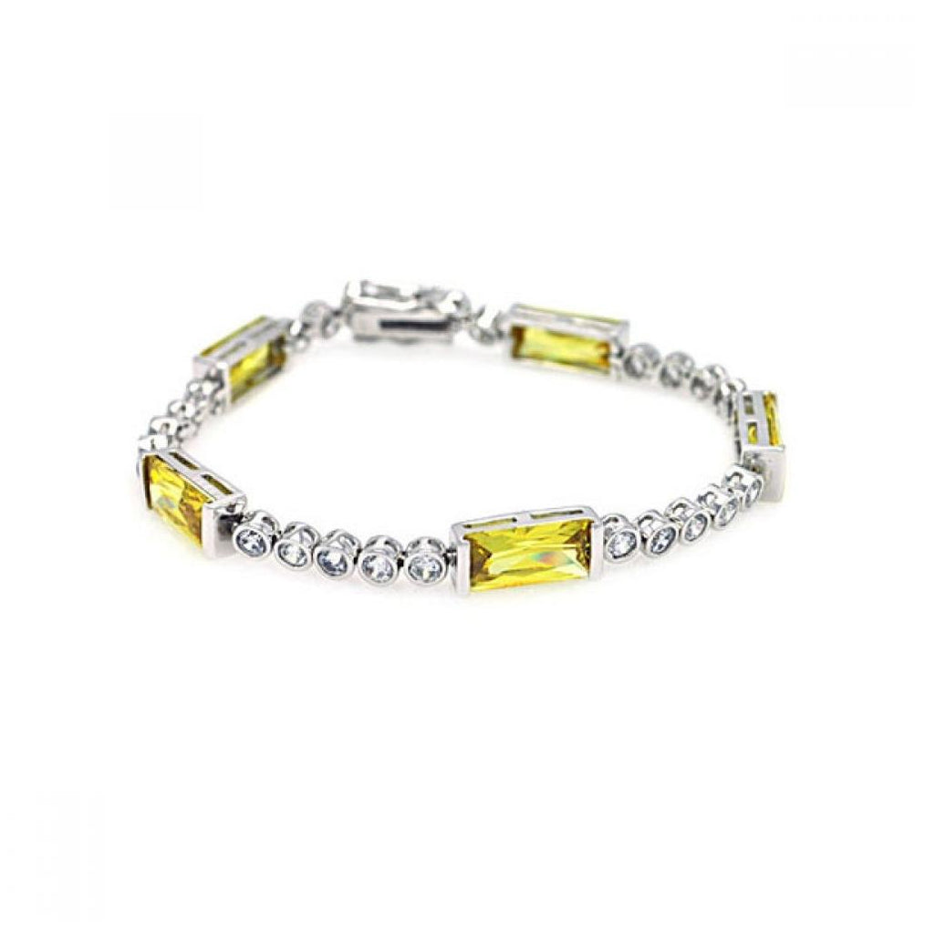 .925 Sterling Silver Rhodium Plated Multiple Yellow Baguette & Clear Round Cz Bracelet