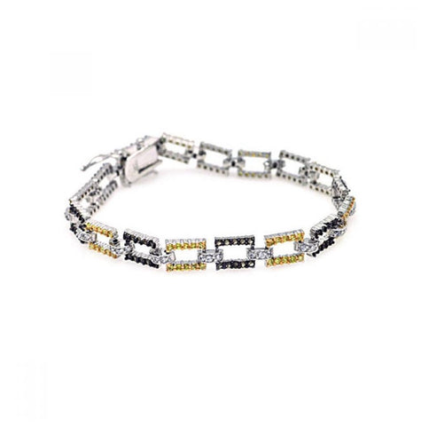 .925 Sterling Silver Gold & Black Rhodium Plated Open Square Cz Bracelet