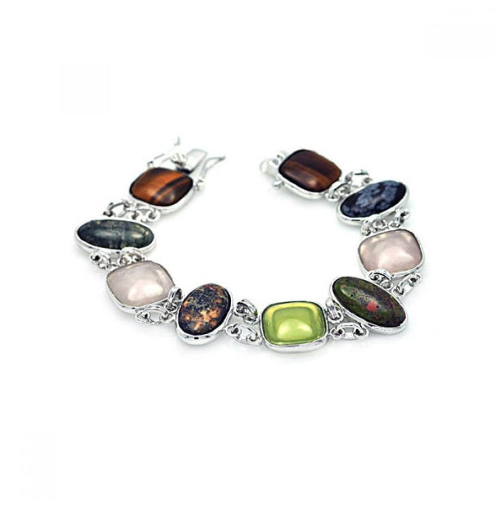 .925 Sterling Silver Rhodium Plated Multiple Multicolor Multitexture Stone Bracelet