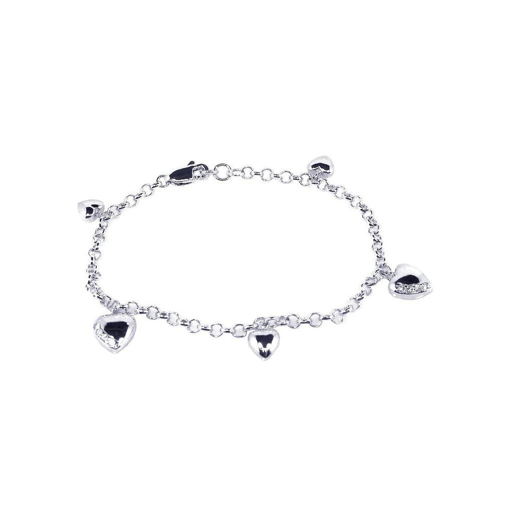 .925 Sterling Silver Rhodium Plated Multiple Heart Cz Dangling Bracelet