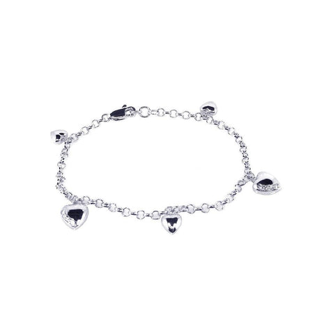 .925 Sterling Silver Rhodium Plated Multiple Heart Cz Dangling Bracelet