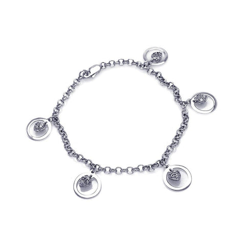 .925 Sterling Silver Rhodium Plated Open Circle Dangling Center Heart Cz Inlay Bracelet