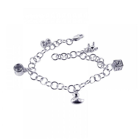 .925 Sterling Silver Rhodium Plated Multiple Dangling Objects Cz Bracelet