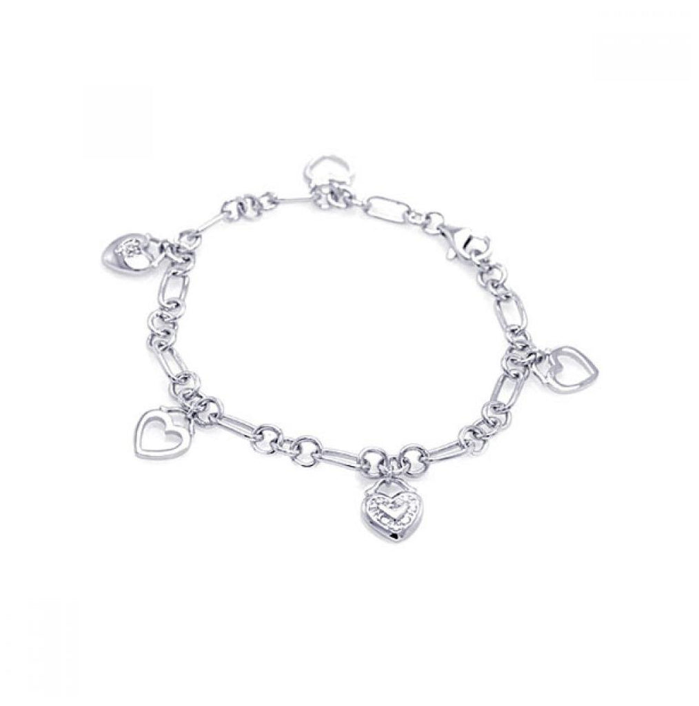 .925 Sterling Silver Rhodium Plated Multiple Dangling Open Heart Charm Cz Bracelet