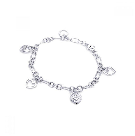 .925 Sterling Silver Rhodium Plated Multiple Dangling Open Heart Charm Cz Bracelet