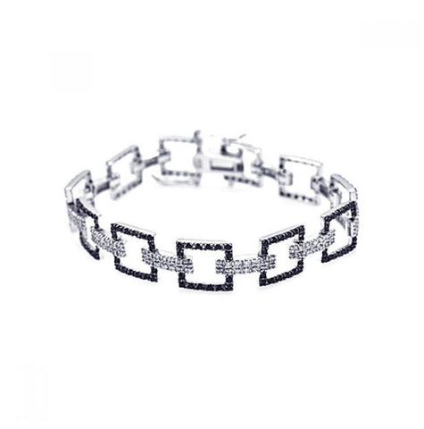 .925 Sterling Silver Rhodium Plated Multiple Square Black Open Cz Bracelet