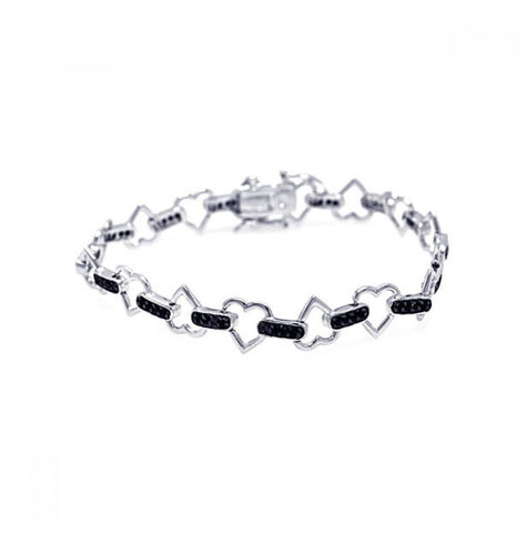 .925 Sterling Silver & Black Rhodium Plated Multiple Open Heart Cz Bracelet