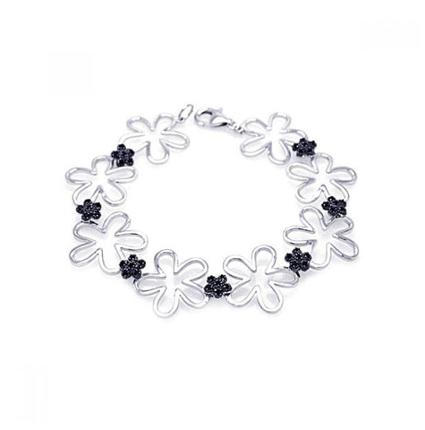 .925 Sterling Silver Black & Rhodium Plated Multiple Open Flower Cz Bracelet