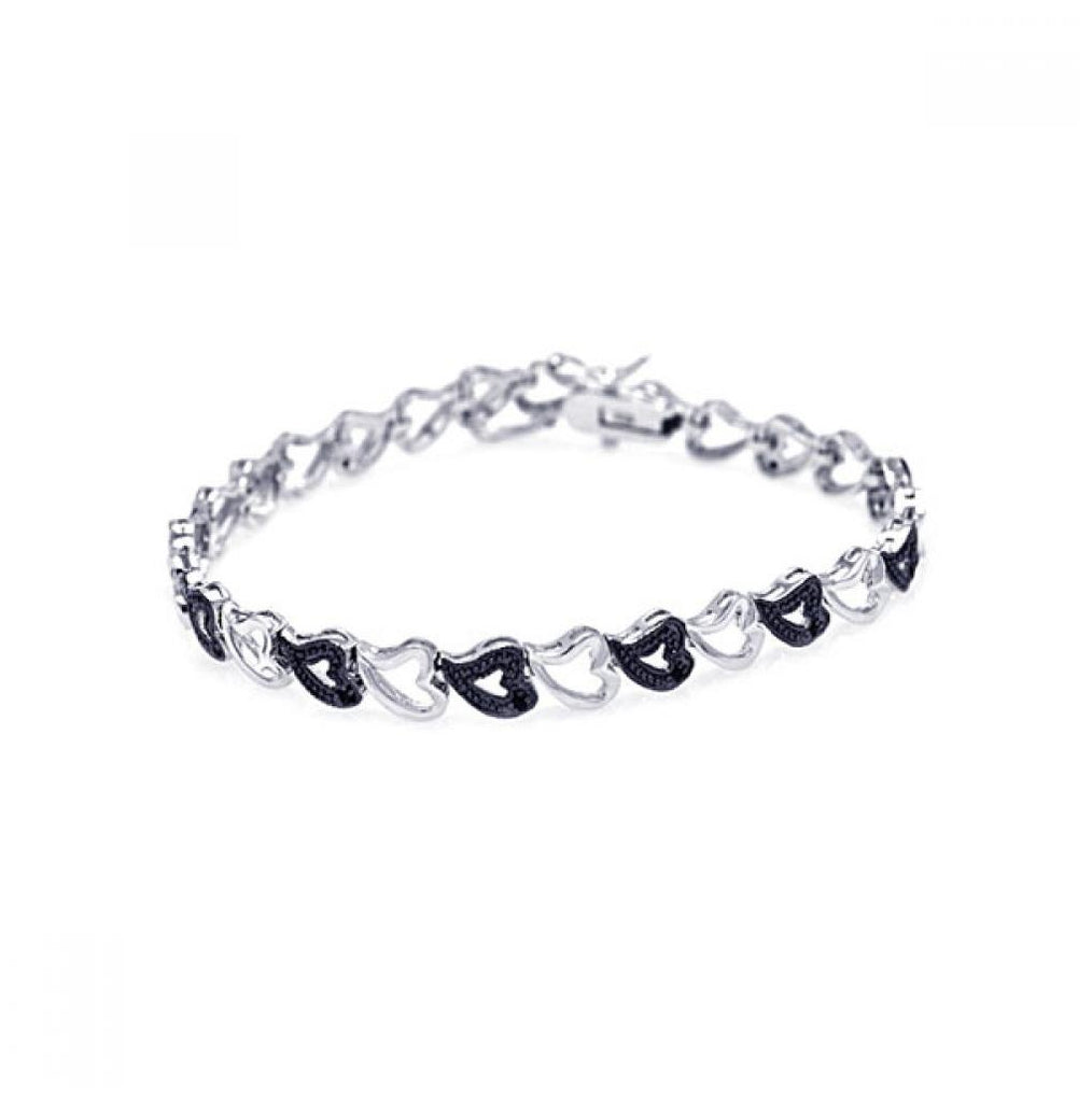 .925 Sterling Silver Black & Rhodium Plated Multiple Open Heart Cz Bracelet