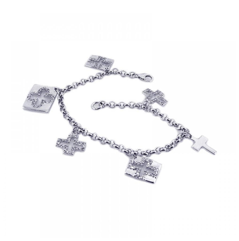 .925 Sterling Silver Rhodium Plated Multiple Dangling Cross Objects Cz Bracelet