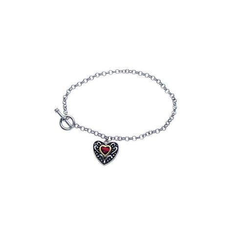 .925 Sterling Silver Rhodium Plated Dangling Red Heart Cz Inlay Bracelet