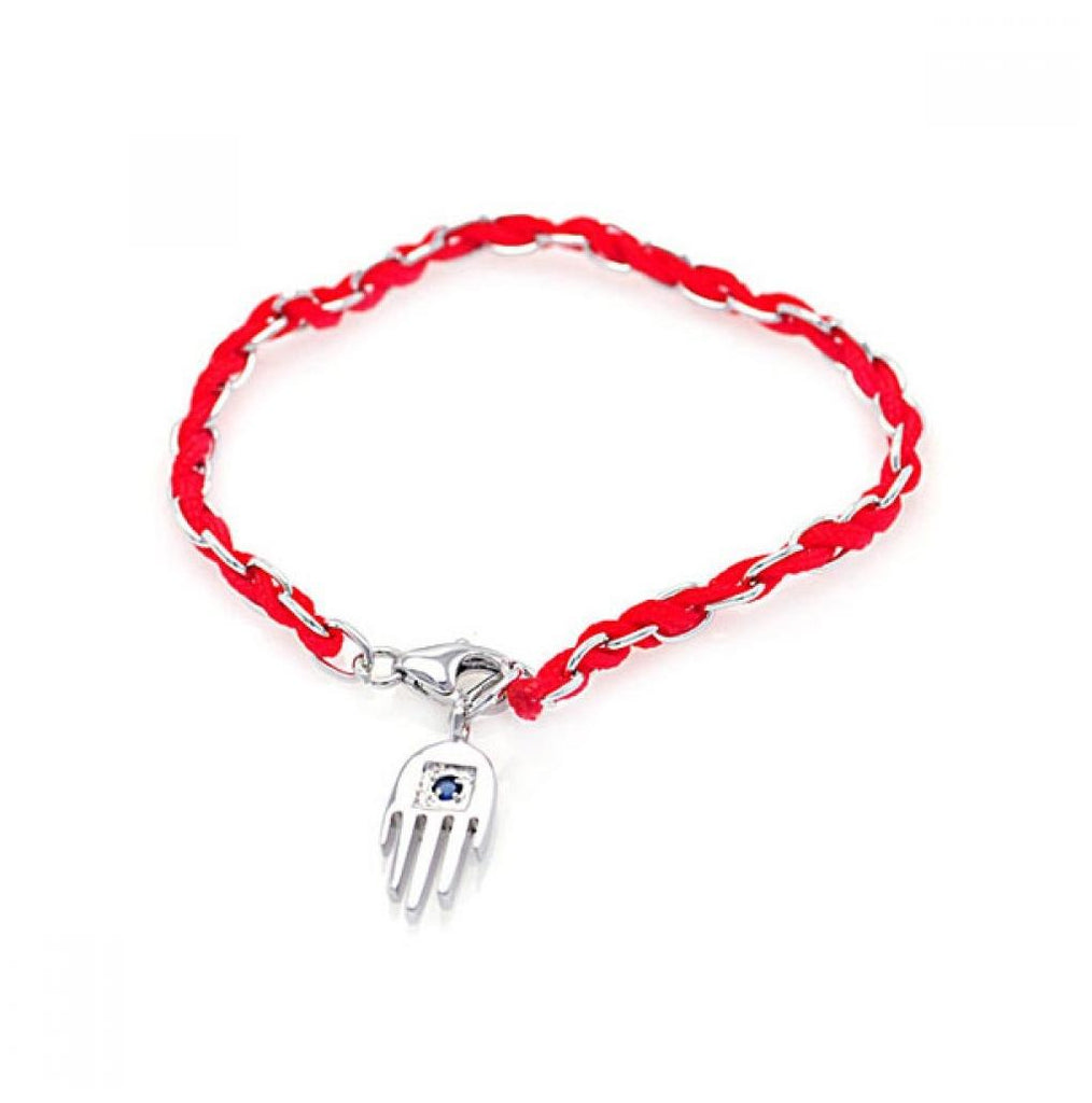 .925 Sterling Silver Rhodium Plated Dangling Hamsa Red Cord Bracelet