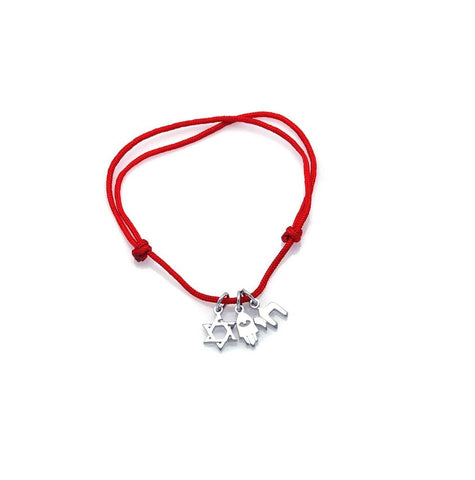 .925 Sterling Silver Rhodium Plated Red Cord Sign Charms Bracelet