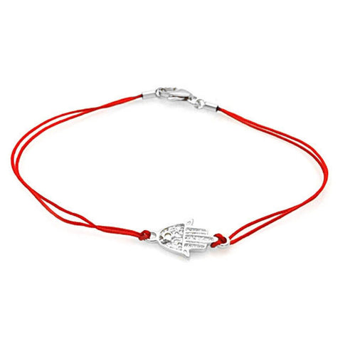 .925 Sterling Silver Rhodium Plated Red Cord Hamsa Charm Bracelet