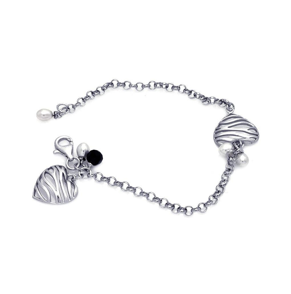 .925 Sterling Silver Rhodium Plated Matte Finish Hanging Two Pearl Zebra Patter Open Heart Bracelet