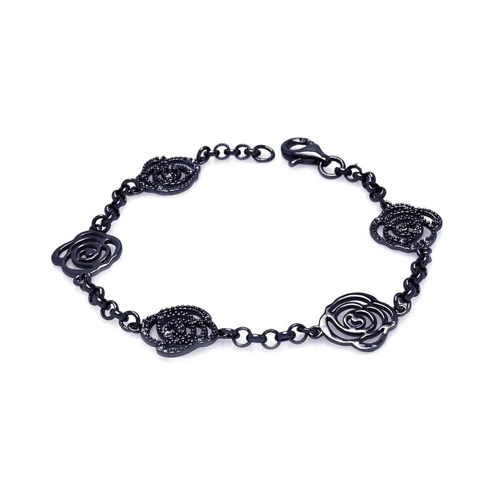 .925 Sterling Silver Black Rhodium Plated Open Flower Outline Bracelet