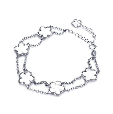 .925 Sterling Silver Rhodium Plated Mop Five Flower Bracelet