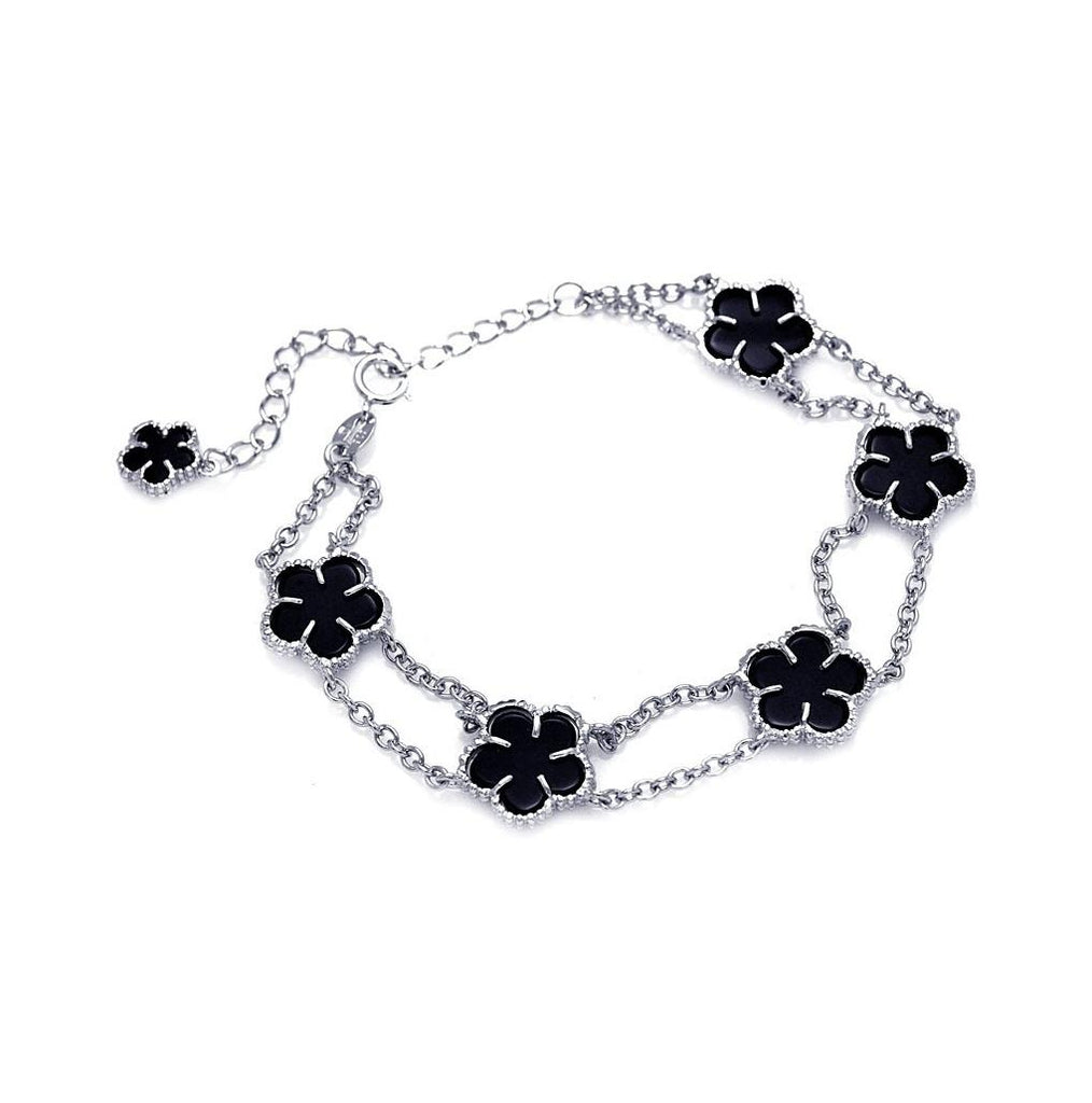 .925 Sterling Silver Rhodium Plated Black Onyx Six Flower Bracelet