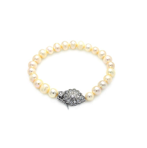 .925 Sterling Silver Rhodium Plated Flower Cz Pearl Bracelet