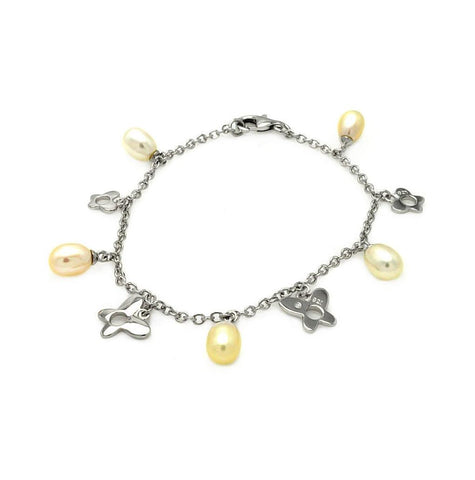 .925 Sterling Silver Rhodium Plated Dangling Open Butterfly & Pearl Bracelet