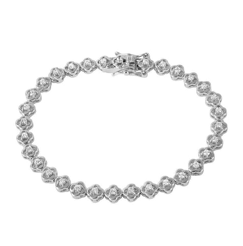 .925 Sterling Silver Small Flowers Cz Bracelet