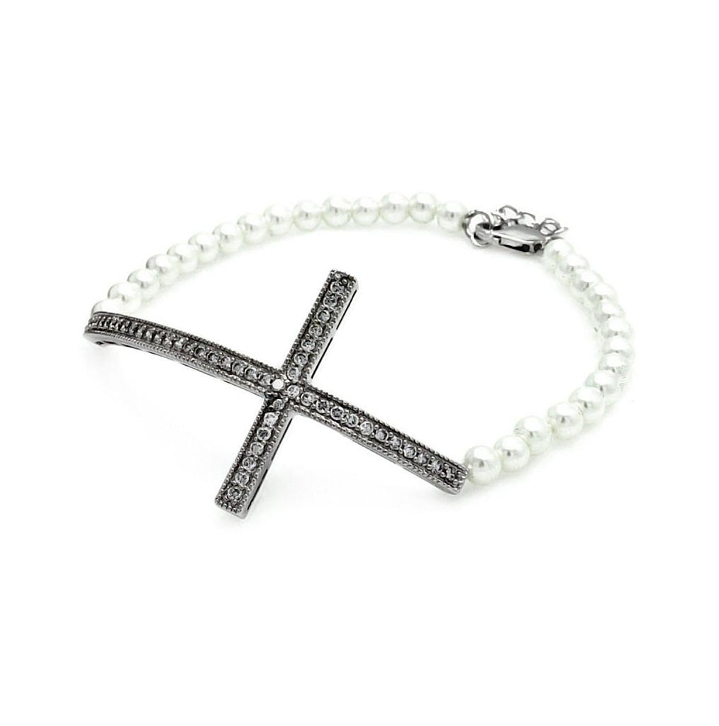 .925 Sterling Silver Cross Cz Pearl Bracelet