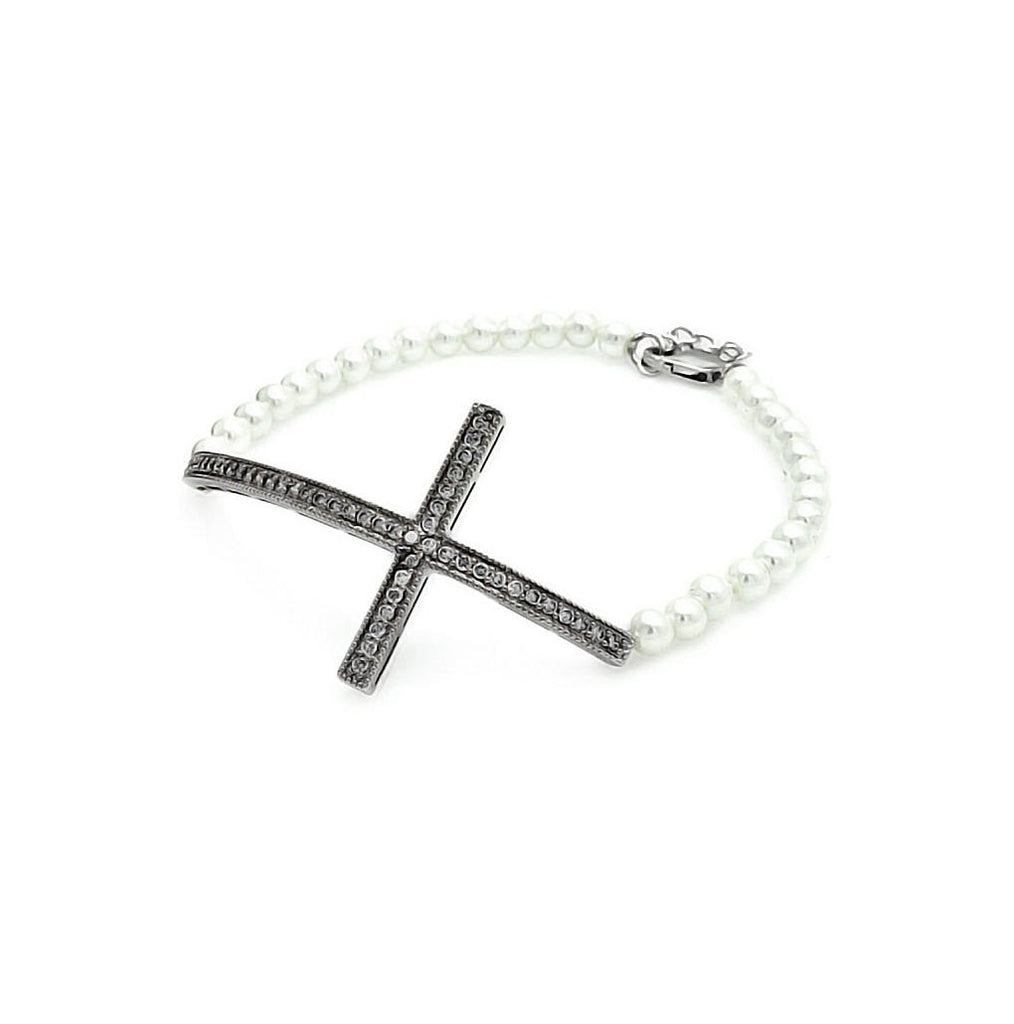 .925 Sterling Silver Cross Cz Pearl Bracelet