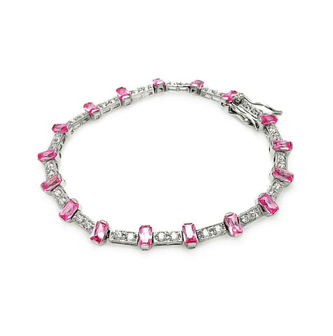 .925 Sterling Silver Pink Baguette & Clear Cz Bracelet