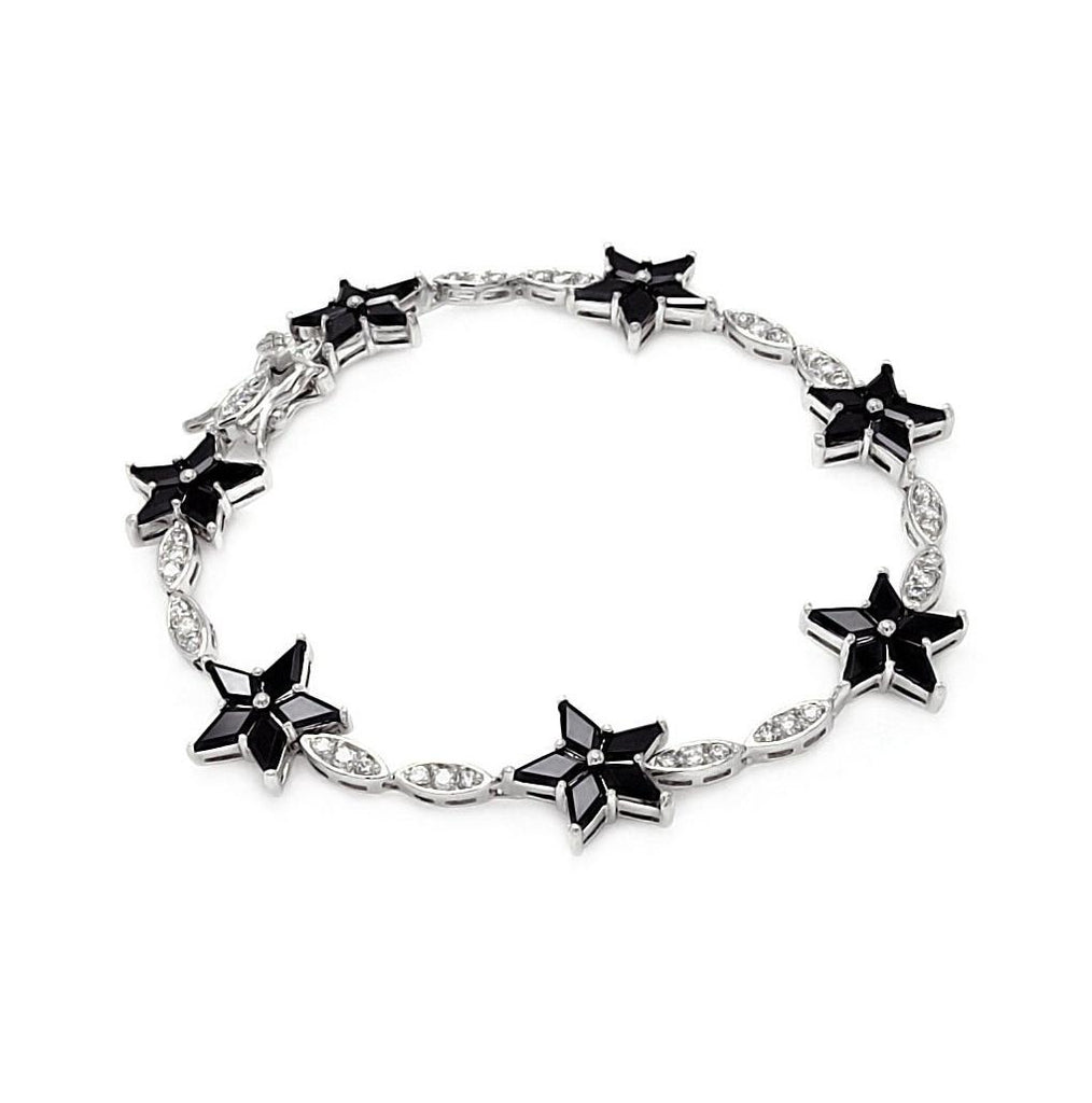 .925 Sterling Silver Rhodium Plated Black Star & Clear Marqui Cz Bracelet