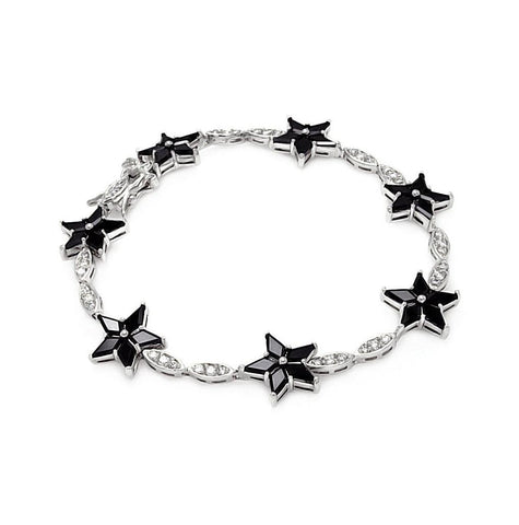 .925 Sterling Silver Rhodium Plated Black Star & Clear Marqui Cz Bracelet