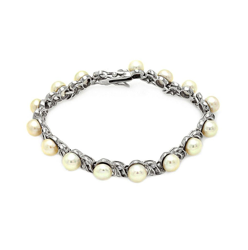 .925 Sterling Silver Rhodium Cz Center Pearl Bracelet