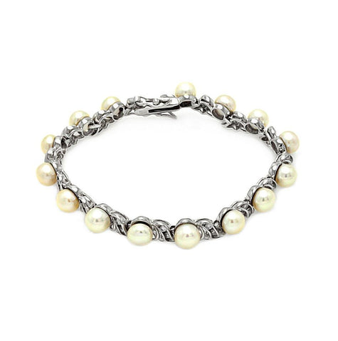 .925 Sterling Silver Rhodium Cz Center Pearl Bracelet