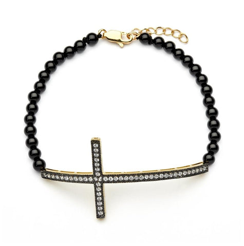 .925 Sterling Silver Black & Gold Rhodium Plated Sideways Cross Cz Black Amathyst Beads Bracelet