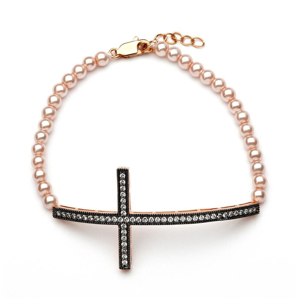 .925 Sterling Silver Gold & Black Rhodium Plated Sideways Cross Cz Champagne Pearl Bracelet