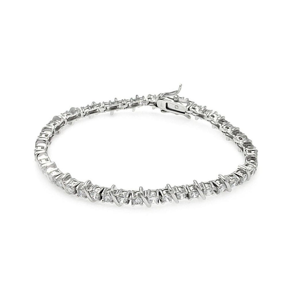 .925 Sterling Silver Rhodium Plated Crown Setting Square Clear Cz Bracelet