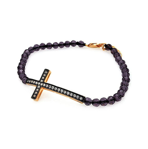 .925 Sterling Silver Gold & Black Rhodium Plated Sideways Cross Cz Purple Crystal Beads Bracelet