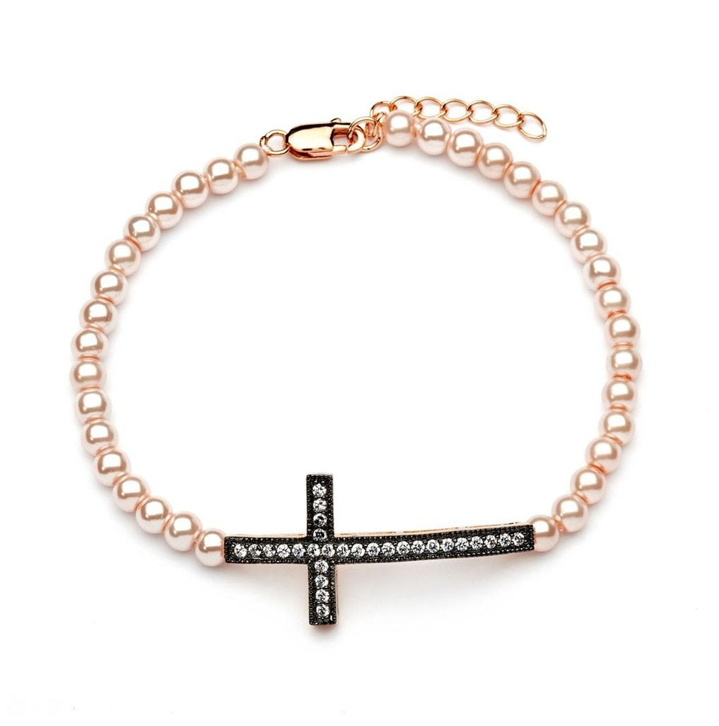 .925 Sterling Silver Gold & Silver Rhodium Plated Sideways Cross Cz Pearl Bead Bracelet