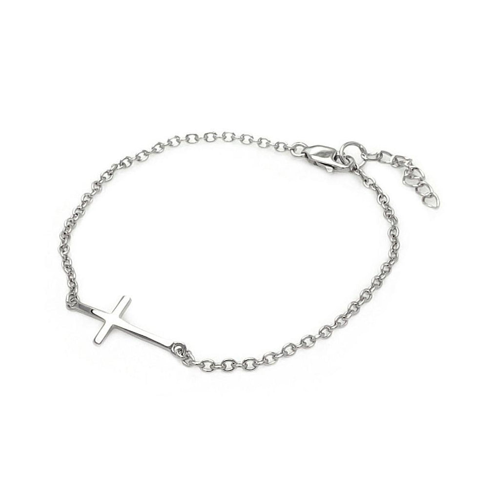 .925 Sterling Silver Rhodium Plated Sideways Cross Bracelet