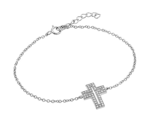 .925 Sterling Silver Rhodium Plated Clear Open Cross Cz Bracelet