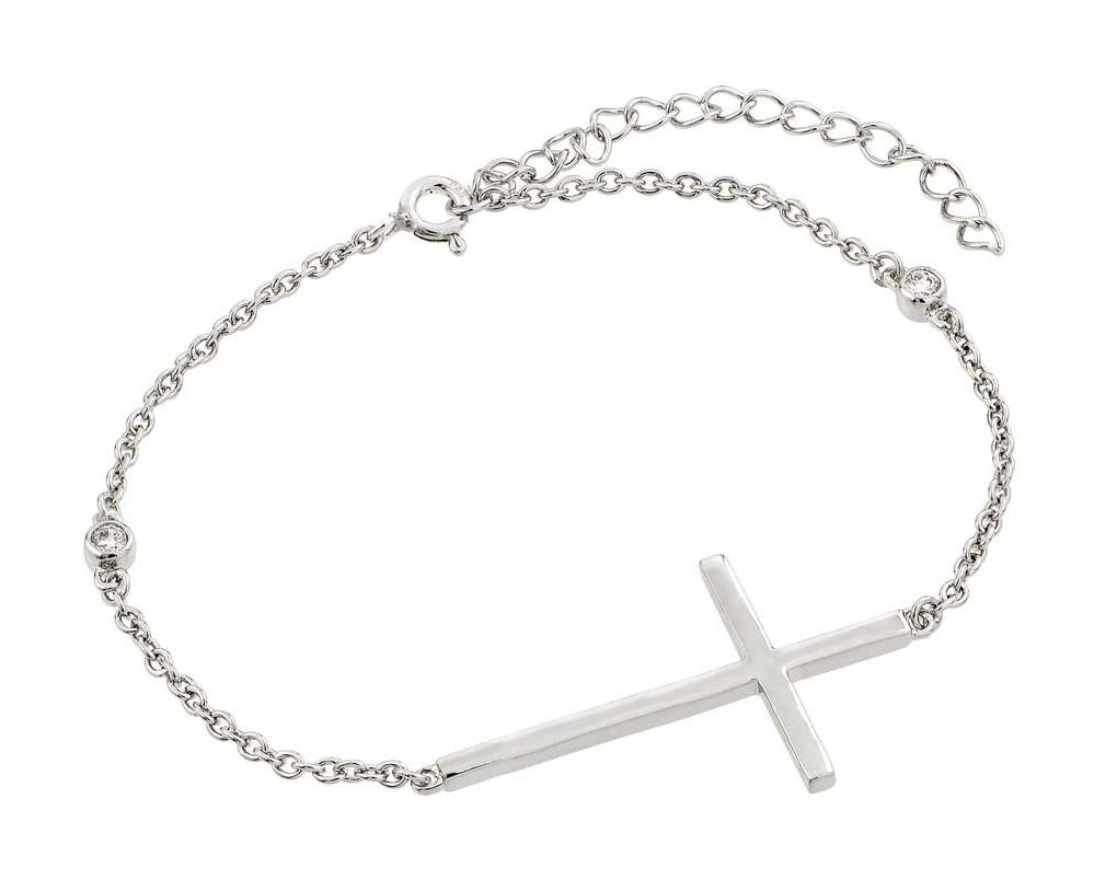 .925 Sterling Silver Rhodium Plated Sideways Cross Bracelet