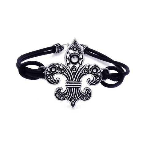 .925 Sterling Silver Oxidized Fleur De Lis With Black Leather Bracelet