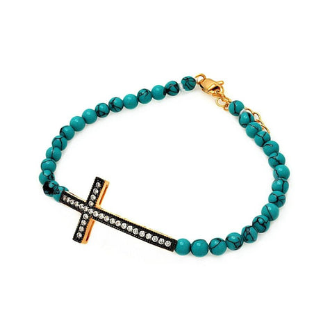 .925 Sterling Silver Gold & Black Rhodium Plated Sideways Cross Cz Turquoise Bead Bracelet