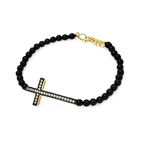 .925 Sterling Silver Black & Gold Rhodium Plated Sideways Cross Cz Black Bead Bracelet